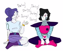 Size: 1249x1010 | Tagged: safe, artist:dravenday, rarity, human, robot, equestria girls, g4, cross legged, crossover, darling, dialogue, duo, duo male and female, eyes closed, female, looking at someone, male, mettaton, mettaton ex, simple background, sitting, smiling, talking, undertale, white background