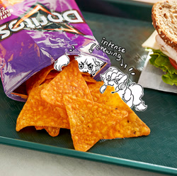 Size: 2651x2634 | Tagged: safe, artist:opalacorn, oc, oc only, pony, biting, chip bag, chips, doritos, duo, duo female, eating, emanata, female, food, headset, irl, mare, micro, photo, ponies in food, ponies in real life, tiny, tiny ponies