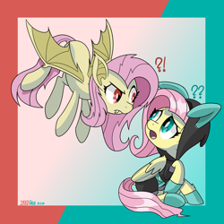 Size: 2500x2500 | Tagged: safe, artist:notadeliciouspotato, fluttershy, bat pony, pegasus, pony, g4, abstract background, bat ponified, bat wings, clothes, confused, costume, dangerous mission outfit, duality, duo, exclamation point, female, flutterbat, folded wings, frown, goggles, gradient background, high res, hoodie, interrobang, looking at each other, looking at someone, mare, open mouth, question mark, race swap, self paradox, self ponidox, signature, spread wings, wings