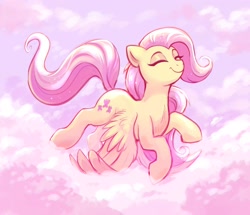 Size: 1546x1331 | Tagged: safe, artist:confetticakez, fluttershy, pegasus, pony, g4, cloud, colored pinnae, cute, eyelashes, eyes closed, eyeshadow, female, fluttering, flying, makeup, mare, raised hoof, raised leg, shyabetes, sky, sky background, smiling, solo, spread wings, tail, windswept tail, wing fluff, wings