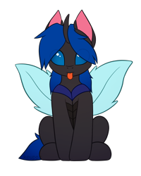 Size: 2048x2560 | Tagged: safe, artist:keupoz, oc, oc only, oc:swift dawn, changeling, blue changeling, blue eyes, changeling oc, colored pinnae, commission, cute, cuteling, eye clipping through hair, high res, horn, insect wings, looking at you, male, ocbetes, signature, simple background, sitting, smiling, smiling at you, solo, spread wings, tongue out, transparent background, wings