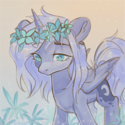 Size: 1023x1022 | Tagged: safe, artist:krista-21, princess luna, alicorn, pony, g4, abstract background, cute, female, filly, filly luna, floral head wreath, flower, folded wings, horn, lidded eyes, looking at you, lunabetes, messy mane, no mouth, pastel, s1 luna, solo, spread wings, wings, woona, younger