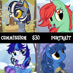 Size: 3000x3000 | Tagged: safe, artist:nika-rain, oc, pony, advertisement, basket, bust, clothes, commission, commission info, leaves, mushroom, portrait, rain, scarf, snow, striped scarf, vector, wing hold, wings