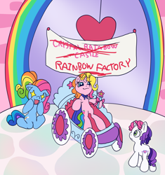 Size: 1892x2014 | Tagged: safe, artist:serasugee, rainbow dash (g3), rarity (g3), sweetie belle (g3), earth pony, pony, unicorn, fanfic:rainbow factory, g3, g3.5, blue eyes, blue fur, crystal rainbow castle, fanfic art, female, filly, foal, green eyes, horn, mare, multicolored hair, ponytail, purple hair, rainbow hair, simple shading, white fur