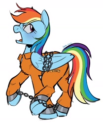 Size: 1170x1401 | Tagged: safe, artist:primarythief, rainbow dash, pony, g4, angry, b-f16, bound wings, butt, chained, chains, clothes, commissioner:rainbowdash69, jumpsuit, never doubt rainbowdash69's involvement, open mouth, plot, prison outfit, prisoner, prisoner rd, shackles, simple background, solo, white background, wings