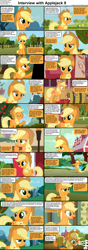 Size: 1282x3661 | Tagged: safe, artist:agrol, edit, edited screencap, screencap, applejack, winona, dog, earth pony, pony, comic:celestia's servant interview, most sweet apple, applebuck season, fall weather friends, g4, season 1, season 2, the last roundup, the super speedy cider squeezy 6000, accent, apple, apple tree, applejack's hat, barrel, bipedal, bucket, caption, cider, cider mug, comic, cowboy hat, cs captions, cute, doctor who, female, fence, food, happy, hat, image macro, implied apple bloom, implied big macintosh, implied rarity, implied rarity fighting a giant crab, implied rockhoof, implied sugar belle, interview, jackabetes, looking at you, mare, mug, ponyville, screencap comic, smiling, smiling at you, sweet apple acres, text, toasting, tree, winonabetes