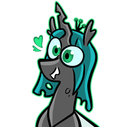 Size: 768x768 | Tagged: source needed, safe, artist:smirk, queen chrysalis, changeling, changeling queen, g4, bucktooth, cute, cutealis, green eyes, heart, horn, simple background, solo, transparent background