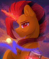 Size: 3000x3600 | Tagged: safe, artist:anku, oc, oc only, oc:selest light, pony, unicorn, brown coat, cheek fluff, chest fluff, city, colored pupils, commission, detailed background, digital art, ear fluff, glowing, glowing horn, halfbody, horn, magic, mohawk, narrowed eyes, neckerchief, pixel art, profile, raised hoof, red eyes, red magic, red pupils, solo, sparkles, spray can, striped mane, sunset, two toned mane, unicorn oc, water