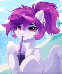 Size: 3269x3934 | Tagged: safe, artist:anku, oc, oc only, pegasus, pony, drink, drinking, drinking straw, human shoulders, ocean, pegasus oc, solo, water, white pony, wings