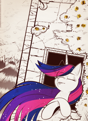 Size: 1600x2200 | Tagged: safe, artist:saturdaymorningproj, twilight sparkle, alicorn, pony, g4, eyes closed, female, flower, long mane, mare, rose, solo, sparkly mane, twilight sparkle (alicorn), yellow rose