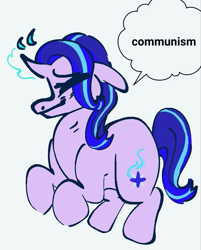 Size: 1027x1280 | Tagged: dead source, safe, artist:dilettantedoodle, starlight glimmer, pony, unicorn, g4, communism, eye clipping through hair, eyebrows, eyebrows visible through hair, eyes closed, female, horn, magic, magic aura, mare, simple background, smiling, solo, stalin glimmer, thought bubble, white background