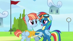 Size: 1280x720 | Tagged: safe, edit, edited screencap, screencap, rainbow dash, windy whistles, pegasus, pony, g4, parental glideance, clothes, duo, female, floppy ears, freckles, goggles, holding hooves, jacket, looking at each other, looking at someone, mare, mother and child, mother and daughter, open mouth, smiling, smiling at each other, uniform, wonderbolts uniform