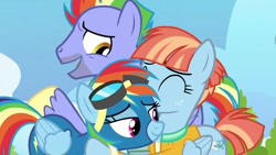 Size: 1280x720 | Tagged: safe, edit, edited screencap, screencap, bow hothoof, rainbow dash, windy whistles, pegasus, pony, g4, parental glideance, ^^, bowabetes, clothes, cute, daaaaaaaaaaaw, dashabetes, eyes closed, family, father and child, father and daughter, female, freckles, goggles, heartwarming, hug, jacket, looking at each other, looking at someone, male, mare, mother and child, mother and daughter, open mouth, open smile, smiling, smiling at each other, stallion, standing, sweet dreams fuel, trio, uniform, wholesome, windybetes, wonderbolts uniform