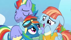 Size: 3680x2070 | Tagged: safe, edit, edited screencap, screencap, bow hothoof, rainbow dash, windy whistles, pegasus, pony, g4, parental glideance, ^^, bowabetes, clothes, cute, daaaaaaaaaaaw, dashabetes, eyes closed, father and child, father and daughter, female, floppy ears, freckles, goggles, hug, jacket, looking at each other, looking at someone, male, mare, mother and child, mother and daughter, smiling, smiling at each other, stallion, trio, uniform, wholesome, windybetes, wonderbolts uniform