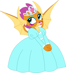 Size: 1024x1137 | Tagged: safe, artist:rarity525, smolder, dragon, g4, blushing, clothes, cute, dress, female, gown, grin, jewelry, lipstick, makeup, poofy shoulders, princess smolder, puffy sleeves, smiling, smolderbetes, solo, tiara, vector