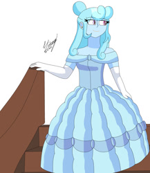 Size: 1280x1475 | Tagged: safe, artist:denisseguadiana, oc, oc only, oc:jemimasparkle, human, equestria girls, g4, beauty and the beast, belle, clothes, cute, dress, ear piercing, earring, evening gloves, female, gloves, gown, jewelry, long gloves, ocbetes, piercing, simple background, smiling, solo, stairs, white background