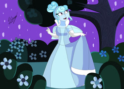 Size: 1280x928 | Tagged: safe, artist:denisseguadiana, oc, oc only, oc:jemimasparkle, human, equestria girls, g4, breasts, cinderella, clothes, curtsey, cute, dress, evening gloves, female, flower, garden, gloves, gown, long gloves, night, ocbetes, open mouth, open smile, smiling, solo