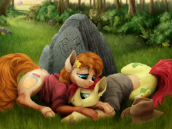 Size: 2000x1500 | Tagged: safe, artist:geoffrey mcdermott, bright mac, pear butter, earth pony, pony, g4, clothes, duo, duo male and female, ear piercing, earring, female, forest, grass, hand, hat, hooves, human to pony, jewelry, lidded eyes, light skin, looking at each other, looking at someone, looking down, lying down, male, mare, mid-transformation, nature, outdoors, piercing, prone, rock, ship:brightbutter, shipping, shirt, smiling, smiling at each other, stallion, straight, transformation, tree