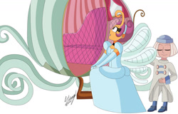 Size: 1280x819 | Tagged: safe, artist:denisseguadiana, scootaloo, breezie, fairy, human, equestria girls, g4, alternate hairstyle, amazed, breeziefied, carriage, choker, cinderella, clothes, dress, evening gloves, eyes closed, female, footman, gloves, gown, hada, hair bun, hairband, jewelry, long gloves, male, poofy shoulders, ring, scootaloo also dresses in style, simple background, smiling, species swap, surprised, white background