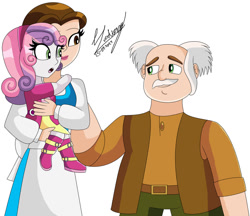 Size: 1280x1104 | Tagged: safe, artist:denisseguadiana, sweetie belle, human, equestria girls, g4, adopted, adopted daughter, adopted offspring, beauty and the beast, belle, boots, carrying, clothes, crossover, cute, diasweetes, disney, dress, father and child, father and daughter, female, grandfather and grandchild, hug, jacket, lipstick, looking at each other, looking at someone, male, maurice, mother and child, mother and daughter, open mouth, shirt, shoes, simple background, smiling, smiling at each other, sweetieadoption, trio, white background