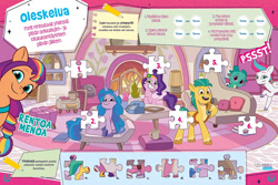 Size: 1000x668 | Tagged: safe, egmont, hitch trailblazer, izzy moonbow, pipp petals, sunny starscout, zipp storm, dragon, earth pony, pegasus, pony, unicorn, g5, my little pony: tell your tale, official, activity sheet, crystal brighthouse, finnish, horn, jigsaw puzzle, looking at you, lying down, magazine, mane stripe sunny, sitting, smiling, smiling at you, standing