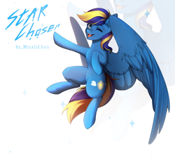 Size: 2400x2160 | Tagged: safe, artist:miralichan, oc, oc only, oc:star chaser, pegasus, belly, blue eyes, blue pegasus, blue skin, commission, dark blue mane, large wings, open mouth, pegasus oc, pegasus wings, simple background, smiling, solo, white background, wings, yellow mane