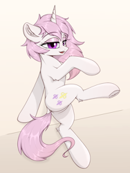 Size: 1200x1600 | Tagged: safe, artist:門久, fleur-de-lis, pony, unicorn, g4, butt, concave belly, dock, ear fluff, featureless crotch, female, horn, mare, plot, rare mare, seductive pose, solo, tail, underhoof