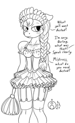 Size: 730x1200 | Tagged: safe, artist:sepiakeys, applejack, earth pony, anthro, g4, alternate hairstyle, breasts, busty applejack, chest freckles, clothes, comic, dialogue, duster, freckles, garter belt, garter straps, holding, implied rarity, lineart, maid, monochrome, offscreen character, one-panel comic, simple background, solo, stockings, thigh highs, white background