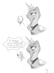 Size: 1847x2500 | Tagged: safe, artist:lillslim, princess luna, oc, oc:anon, alicorn, human, pony, g4, 2 panel comic, blushing, comic, drawthread, dream walker luna, duo, duo male and female, female, frown, grayscale, i'm not calling you good boy, luna is not amused, male, mare, meme, monochrome, ponified meme, requested art, sad, signature, simple background, smiling, unamused, white background