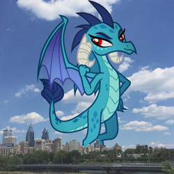 Size: 1080x1080 | Tagged: safe, artist:davidsfire, edit, editor:jaredking779, princess ember, dragon, g4, alternate eye color, attack on pony, dragon wings, dragoness, female, giant dragon, giantess, highrise ponies, irl, looking at you, macro, pennsylvania, philadelphia, photo, ponies in real life, red eyes, smiling, solo, story included, vulgar description, wings, wrong eye color