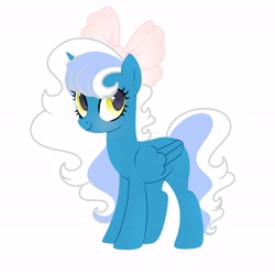 Size: 6890x6890 | Tagged: safe, artist:riofluttershy, oc, oc only, oc:fleurbelle, alicorn, pony, alicorn oc, blushing, bow, female, hair bow, horn, mare, simple background, smiling, solo, tail, two toned mane, two toned tail, white background, wings, yellow eyes