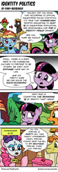 Size: 1178x3519 | Tagged: safe, artist:pony-berserker, applejack, carrot cake, pinkie pie, rainbow dash, rarity, twilight sparkle, oc, oc:berzie, oc:shadowed ember, alicorn, g4, comic, crime, implied changeling, pamphlet, paper-thin disguise, speech bubble, statistics, thought bubble, twilight sparkle (alicorn)