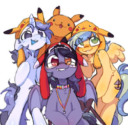 Size: 446x435 | Tagged: oc name needed, safe, artist:flixanoa, oc, oc only, oc:fef, oc:scrimmy, bat pony, pegasus, pikachu, pony, unicorn, :3, big eyes, bipedal, blue coat, blue mane, blue mouth, blue tail, blue tongue, blush lines, blushing, collar, colored wings, cute, ear fluff, eye clipping through hair, fangs, floppy ears, glasses, green eyes, hat, heterochromia, hock fluff, horn, jewelry, light blue coat, narrowed eyes, necklace, ocbetes, open mouth, open smile, pegasus oc, plushie, pokémon, purple coat, purple eyes, raised hooves, shoulder fluff, simple background, small horn, small wings, smiling, spread wings, tail, thin, transparent background, trio, two toned mane, two toned tail, two toned wings, unicorn oc, wavy mouth, wings, yellow coat