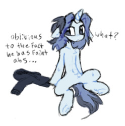 Size: 1111x1121 | Tagged: safe, artist:flixanoa, oc, oc only, oc:fef, pony, unicorn, abs, belly, belly button, big eyes, black hoodie, blue coat, blush lines, blushing, clothes, dialogue, eye clipping through hair, featureless crotch, floppy ears, gray eyes, hoodie, horn, light blue coat, looking back, male, male oc, simple background, sitting, slender, solo, spread legs, spreading, stallion oc, sweat, tail, talking, text, thin, two toned mane, two toned tail, unicorn oc, white background