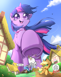 Size: 1080x1355 | Tagged: safe, artist:rai-kun, applejack, rainbow dash, twilight sparkle, earth pony, pegasus, pony, unicorn, g4, chest fluff, cute, dialogue, female, frog (hoof), giant pony, giantess, happy, hoofbutt, imminent crushing, looming, looming over, macro, mare, one ear down, ponyville, raised hoof, running, running away, smiling, speech bubble, stomping, tail, this will end in property damage, twiabetes, twizilla, underhoof, unicorn twilight, windswept mane, windswept tail