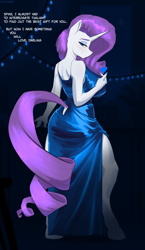 Size: 2424x4180 | Tagged: safe, artist:kirasunnight, part of a set, rarity, unicorn, anthro, unguligrade anthro, g4, big breasts, blue dress, blue eyes, breasts, busty rarity, clothes, dress, eyeshadow, female, full body, heart, hooves, horn, huge breasts, implied shipping, implied sparity, implied spike, implied straight, makeup, purple mane, side slit, solo, tail, tail hole, text, total sideslit