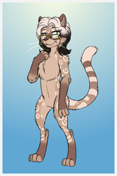 Size: 1181x1772 | Tagged: safe, artist:inuhoshi-to-darkpen, oc, oc only, oc:cleo graywacke, abyssinian, semi-anthro, abyssinian oc, bipedal, commission, digital art, fangs, female, glasses, gradient background, lidded eyes, looking at you, non-pony oc, passepartout, smiling, solo