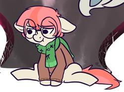 Size: 530x394 | Tagged: safe, artist:mt, oc, oc only, oc:spritz, earth pony, pony, brown sweater, clothes, colored, colt, cropped, earth pony oc, foal, glasses, green scarf, male, male oc, nerd pony, sad, scarf, solo, sweater