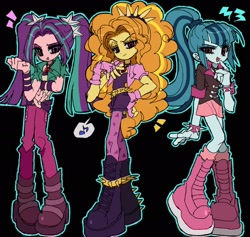 Size: 2218x2100 | Tagged: safe, artist:jwnn_, adagio dazzle, aria blaze, sonata dusk, human, equestria girls, g4, arm band, belt, big eyes, black background, blue hair, blue skin, bolero jacket, boots, choker, clothes, colored sclera, curly hair, denim, denim skirt, disguise, disguised siren, emanata, eye clipping through hair, eyebrows, eyelashes, eyeshadow, female, fingerless gloves, gloves, gold eyeshadow, gold hair, gray sclera, hair tie, hand on chest, hand on hip, hand on mouth, high heel boots, jacket, jeans, jewelry, jumpsuit, kneesocks, long arms, long hair, long legs, long socks, makeup, miniskirt, music notes, open mouth, open smile, outline, pants, pendant, pigtails, pink skin, pink skirt, pink socks, ponytail, popped collar, purple eyes, purple eyeshadow, raised arm, raised eyebrow, red eyes, shiny hair, shoes, simple background, skinny jeans, skirt, slender, smiling, socks, speech bubble, spiked belt, spiked choker, spiked headband, standing, straight hair, the dazzlings, thick eyelashes, thin, tied hair, torn clothes, trio, trio female, two toned hair, vest, wall of tags, yellow skin