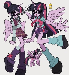 Size: 1810x1970 | Tagged: safe, artist:jwnn_, sci-twi, twilight sparkle, alicorn, pony, equestria girls, g4, bangs, belt, big eyes, clothes, colored sclera, crystal prep academy uniform, cute, cutie mark on clothes, emanata, eye clipping through hair, eyelashes, female, flying, frown, glasses, gray background, gray sclera, hair bun, holding arms, horn, kneesocks, leg warmers, lighter coat, long arms, long legs, long sleeves, long socks, mary janes, meganekko, miniskirt, necktie, open mouth, open smile, partially open wings, plaid skirt, pleated skirt, ponied up, puffy sleeves, purple eyes, purple skin, reaching towards you, school uniform, self paradox, self ponidox, shiny hair, shoes, simple background, skirt, slender, smiling, socks, spread wings, straight hair, straight mane, straight tail, thin, three toned hair, three toned mane, three toned tail, tied hair, trio, trio female, twiabetes, twilight sparkle (alicorn), unicorn horn, uniform, vest, wings