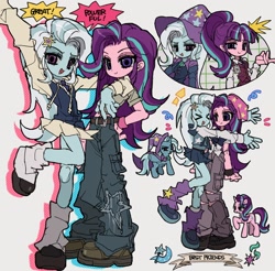 Size: 1800x1770 | Tagged: safe, artist:jwnn_, starlight glimmer, trixie, pony, unicorn, equestria girls, g4, ><, alternate clothes, arm around neck, bandana, belt, best friends, black tie, blue coat, blue eyeshadow, blue hair, blue hoodie, blue mane, blue skin, blue skirt, blue tail, boots, bracelet, brooch, button-up shirt, cape, cargo pants, clothes, colored sclera, cute, cutie mark on clothes, denim, dialogue, diatrixes, dress, emanata, eyebrows, eyebrows visible through hair, eyelashes, eyes closed, eyeshadow, female, glimmerbetes, gray background, gray sclera, grunge, hairclip, halftone, hand on hip, hat, hoodie, horn, hug, jeans, jewelry, leg warmers, long arms, long hair, long legs, looking at someone, looking at you, makeup, mare, mary janes, medieval, miniskirt, name tag, neckerchief, necktie, open mouth, open smile, outline, pants, pink coat, pink eyeshadow, pink skin, pleated skirt, purple eyes, raised arm, raised eyebrow, raised hoof, raised leg, ripped jeans, ripped pants, rolled up sleeves, s5 starlight, screentone, self paradox, self ponidox, shiny hair, shirt, shoes, simple background, skirt, slender, smiling, smiling at someone, smiling at you, speech bubble, standing, standing on three hooves, starlight glimmer's cutie mark, sweater vest, tail, text, thick eyelashes, thin, thin legs, torn clothes, trixie's brooch, trixie's cape, trixie's cutie mark, trixie's hat, two toned hair, two toned mane, two toned tail, wall of tags, white skirt, wristband, y2k, yelling