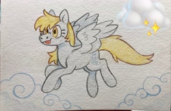 Size: 3530x2290 | Tagged: safe, artist:beyhr, derpy hooves, pegasus, pony, g4, blonde mane, blonde tail, cloud, colored pencil drawing, eyelashes, female, flying, gray coat, mare, smiling, solo, sparkles, spread wings, tail, tongue out, traditional art, wing fluff, wings, yellow eyes