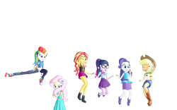 Size: 1920x1200 | Tagged: safe, artist:puzzlshield2, applejack, fluttershy, rainbow dash, rarity, sci-twi, sunset shimmer, twilight sparkle, human, do it for the ponygram!, equestria girls, g4, my little pony equestria girls: better together, 3d, 3d render, freeze frame, jumping, mmd, outline, png, ponygram, recreation, shy, simple background, transparent background