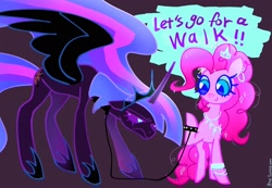 Size: 2048x1421 | Tagged: safe, artist:petaltwinkle, pinkie pie, twilight sparkle, alicorn, earth pony, pony, g4, alternate accessories, big eyes, black wings, blue eyelashes, blue pupils, blue sclera, collar, colored eyelashes, colored pupils, colored sclera, colored wings, crown, curly mane, curly tail, dark coat, dialogue, duo, duo female, ear piercing, earring, ethereal mane, ethereal tail, female, floating crown, flowing mane, flowing tail, frown, glowing, glowing mane, glowing tail, gradient mane, gradient tail, height difference, hoof shoes, hooped earrings, horn, jewelry, leash, lesbian, long horn, long mane, looking at someone, looking away, mare, necklace, nightmare twilight, nightmarified, piercing, pink coat, pink mane, pink tail, pouting, princess shoes, purple background, purple coat, purple eyelashes, purple eyes, raised hoof, regalia, shiny eyes, ship:twinkie, shipping, simple background, slender, sparkly eyes, sparkly mane, sparkly tail, speech bubble, spread wings, standing, standing on three hooves, tail, talking, tall, text, thin, three toned mane, three toned tail, twilight sparkle (alicorn), wall of tags, wingding eyes, wings