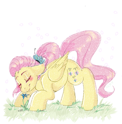 Size: 1920x1948 | Tagged: safe, artist:pozya1007, fluttershy, pegasus, pony, g4, adult, blushing, cute, eyes closed, female, flower, mare, older, older fluttershy, ponytail, shyabetes, simple background, solo, traditional art, wings