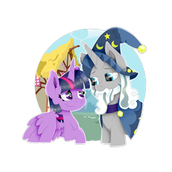 Size: 2000x2000 | Tagged: safe, artist:kathepart, star swirl the bearded, twilight sparkle, alicorn, unicorn, g4, duo, duo male and female, female, horn, looking at each other, looking at someone, male, ponyville, simple background, transparent background, twilight sparkle (alicorn)