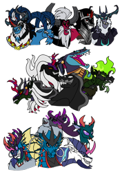 Size: 1000x1414 | Tagged: safe, artist:zetikoopa, ahuizotl, grogar, king sombra, lord tirek, pharynx, pony of shadows, shining armor, storm king, stronghoof hoofstrong (tfh), oc, oc:alastor, oc:bass thunder, oc:dark havok, oc:keiran, oc:odysseus, oc:phantom infinite, ahuizotl (species), centaur, changedling, changeling, deer, dragon, goat, hybrid, kirin, longma, reindeer, shadow pony, sheep, siren, storm creature, umbrum, unicorn, taur, them's fightin' herds, g4, community related, fusion, horn, male, male siren, monster shining armor, prince pharynx, ram, sianach, species swap