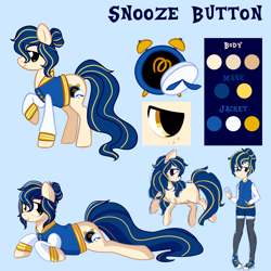 Size: 3000x3000 | Tagged: safe, artist:fannytastical, oc, oc only, oc:snooze button, pony, equestria girls, g4, alarm clock, broken clock, clock, clothes, colored, converse, eyebrows, eyebrows visible through hair, female, freckles, hair bun, jacket, lying down, mare, prone, raised hoof, reference sheet, shoes, simple background, standing, striped mane, striped tail, tail, tired