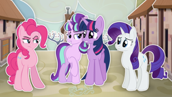 Size: 3840x2160 | Tagged: safe, artist:starry swirl, pinkie pie, rarity, starlight glimmer, twilight sparkle, alicorn, earth pony, pony, unicorn, g4, the cutie map, female, horn, mare, our town, s5 starlight, scene interpretation, twilight sparkle (alicorn), village