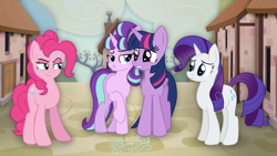 Size: 3840x2160 | Tagged: safe, artist:starry swirl, pinkie pie, rarity, starlight glimmer, twilight sparkle, alicorn, earth pony, pony, unicorn, g4, the cutie map, female, horn, mare, s5 starlight, scene interpretation, starlight's village, village